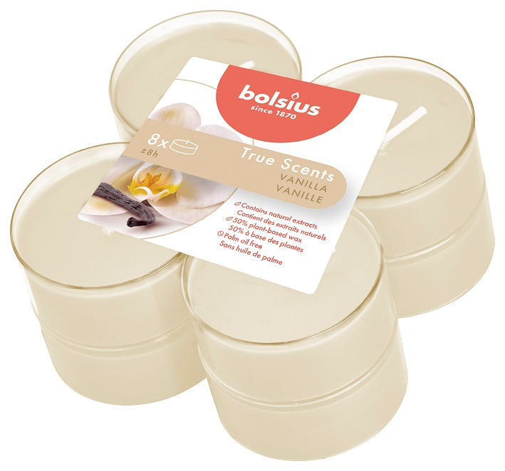 Bolsius True Scents Vanilla Maxi-Light Candles with Clear Cups, Scented - Pack of 8